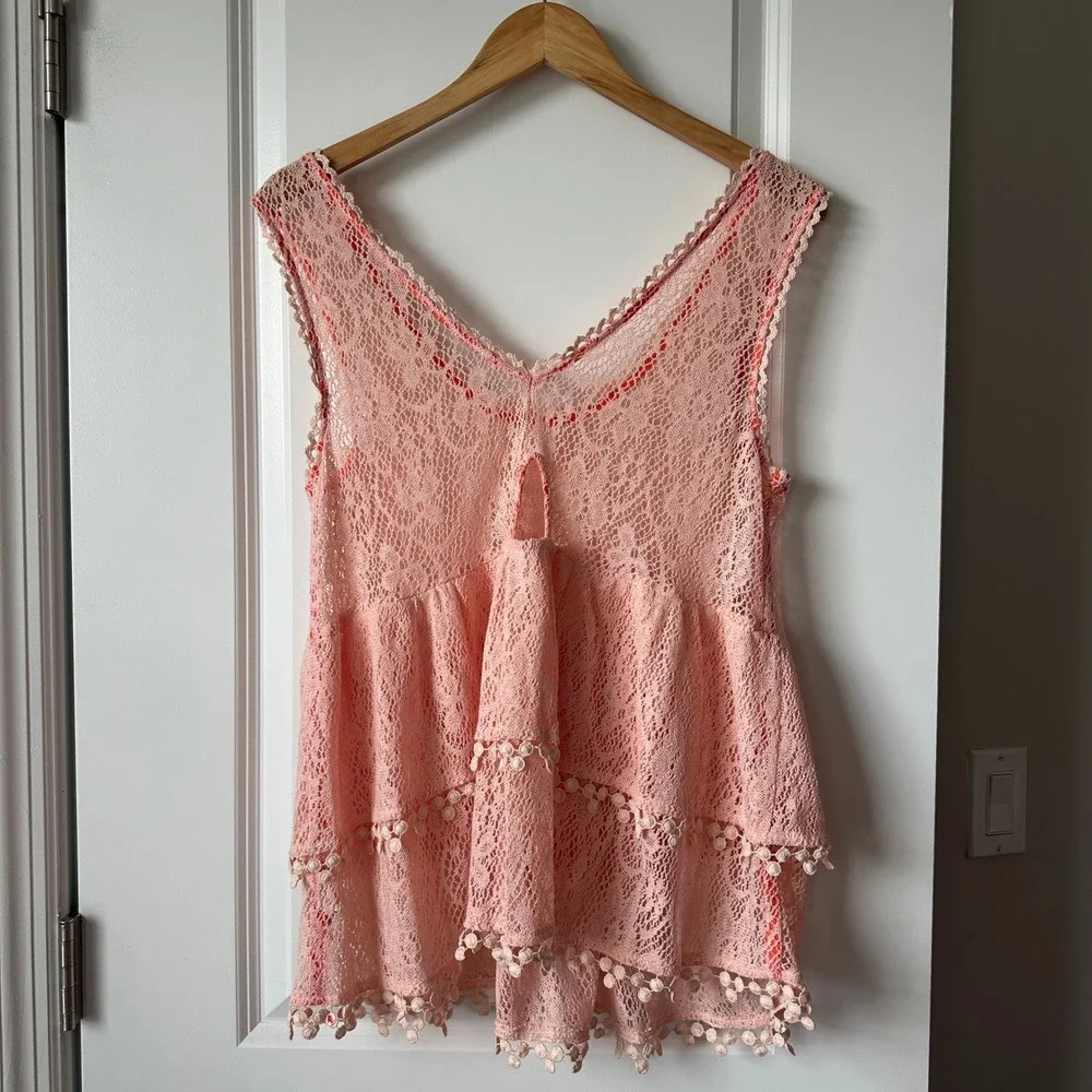 Free People Peach Lace Tiered Babydoll Tank Top Pom Pom Trim Large OB404741